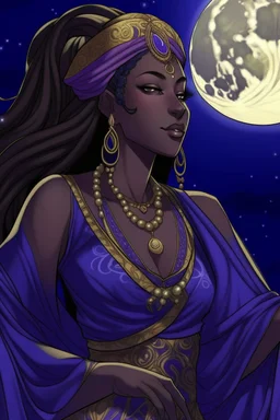 an anime drawing of an 40 year old black woman. she had dark hair in braids and a royal headdress. she is wearing a purple moon-themed african gown