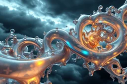Dynamic complex hypnotic fractal 3D structures with horizontal Symmetry twisting and morphing between organic and geometric forms , smooth translucent iridescent glass with inner glow and bubbles, varied transparent materials, stormy skies, intense dramatic