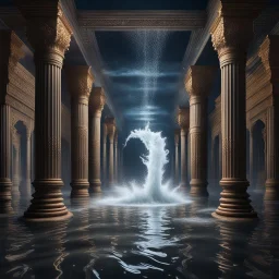 Hyper Realistic huge wave splashes & flood water inside a huge dark Palace hallway with traditional Indian pillars at night