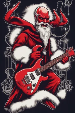 satanic santa claus with devil horns playing electric guitar