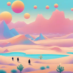 desert scene with a twist – a vast expanse of sand dunes, but instead of camels, you have hoverboards gliding effortlessly over the peaks. The sky is filled with oversized soap bubbles that refract the sunlight into a dazzling array of colors, creating a surreal and playful atmosphere.