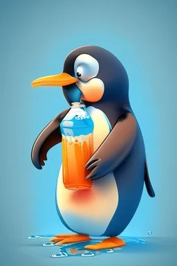 Cartoon character penguin drinking juices