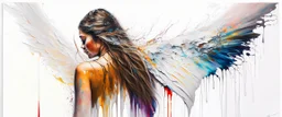 A detailed illustration of a beautiful young female human with growing out of her back. Her skin, hair and face are all made of paint. Her wings are spread. Highly detailed flawless facial features and eyes. Abstract Oil painting splash art. White background, wide angle, abstract design, beautiful, thick flowing paint strokes, dripping paint, fantasy art, modern art, ((soft happy complimentary colors,)) modern aesthetic, focused on the character, 4K resolution.