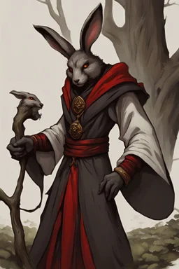 Male rabbitfolk with grey fur and Hazel eyes wearing blood red and black robes in a fantasy setting, sorcerer of death