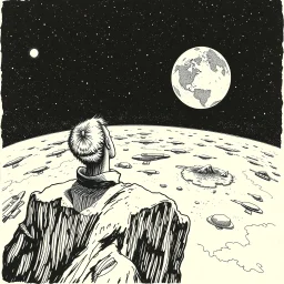 a alone man. pen and ink, birds eye view, illustrated by hergé, Background space and earth