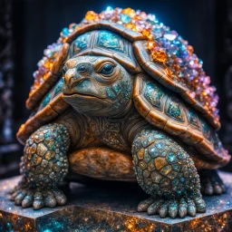 tortoise marble statue covered with glowing crystals, high exposure, Professional photography, high contrast, bright vibrant colors, dark tone, high highlights, Intricate Patterns, Ultra Detailed, Luminous, Radiance, beautiful, Ultra Realism, Complex Details, Intricate Details, 8k, HDR, High Quality, Trending On Artstation, Sharp Focus, Studio Photo, Intricate Details,