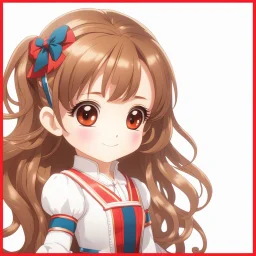 (close-up headshot) of a 4-year-old girl with long brown hair, (vibrant red eyes), adorable, cute, red dress, happy, smiling, intricately detailed, masterpiece, anime chibi doll, 4k