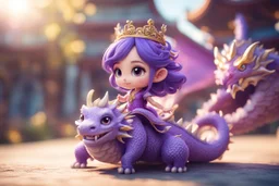 a cute chibi purple lace princess sitting on a wild chinese dragon and dynamically riding it in sunshine, cinematic postprocessing, bokeh, dof