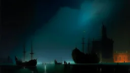 A black dark museum at midnight painted by Ivan Aivazovsky