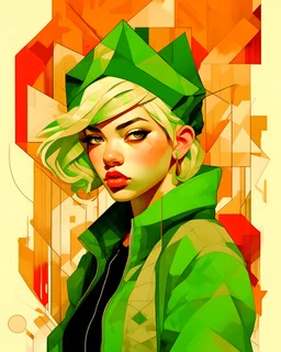 abstract 1998 european blond hiphop girl by sachin teng x supreme, attractive, stylish, designer, green, asymmetrical, geometric shapes, graffiti, street art