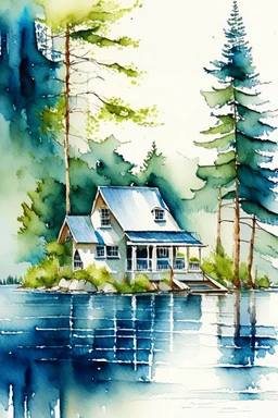 serene vacation lake house, watercolor painting