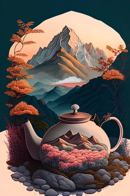 Cozy vibes drawing art tea pot, garden inside tea pot, mountain range in background