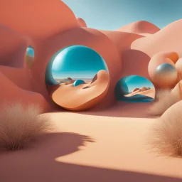 Bright, glittering, 3d, plastic-like, surreal objects in a bright environment, desert, noon light