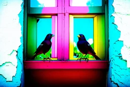 there are two birds sitting on a ledge next to a window, colorful mural on chipped walls, , photomanipulation, pink and yellow, diptych, eye catching composition, open window, open door, double exposure, double entendre, dramatic, dynamic, whizz dynamics, liminal vibe, amazing reflections, great contrasts, excellent verticals, perfect parallels, orange tint, socinlars vibe