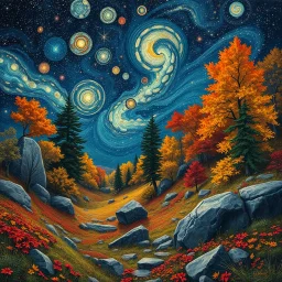 Autumn colors, peaceful, Egon Schiele, Max Ernst, night sky filled with galaxies and stars, rocks, trees, flowers, one-line drawing, sharp focus, 8k, deep 3d field, intricate, ornate, one million strokes. strong colors