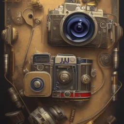 components of the camera laid out flat. poster design. high detailed. oil on canvas.