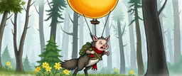 wolf with balloon in forest carrying a scared pig general up into the air, stupid cartoon, airbrush and pen outline