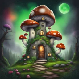 Outer space mushroom house on a lush green space island. Rich brown dirt and Bright Crystals comprise the base of the island. The Mushroom house has a lantern hanging above the door and a wispy green smoke rising from a gray stone chimney. Bold Bright Colors, Stark Dark background. Fantasy Style. High Quality, Painterly, Whimsical, Fun, Imaginative, Bubbly,