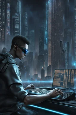 cyberpunk programmer _Cat-human hybrid_Typing_on_computer_background binary codes, surrounded_by_mindent_3D_binary matrix codes and neutron mesh_etheral, Paranoid_sci-fi_in background_a_tall_cyberpunk_city, the cat hacker watchings monitor, Hyperrealistic texture, high detail, Sinister, cold dynamic lighting, dark-neon colors, Ultra_HD_intense_focus