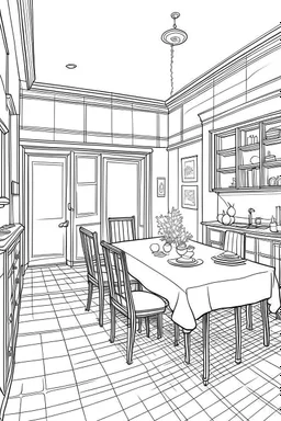 Outline art, house interior design, dining room, no shading, no lines, cartoon style, --ar 9:11