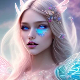 beautiful, soft, big smile face, whole head, long straight blonde hair blues eyes, crown on the head, clothing in transparent bluish and pink veil,fairy wings on the back, background brillante bluish and pink, hight definition, 8K