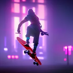 photo of a ninja riding a skateboard; in an alternate universe in tokyo; cyberpunk; realistic; rain; neon signs