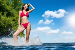 very beautiful model girl swimming in water wearing swim suit ,country side ,nice cloudy sky,country houses