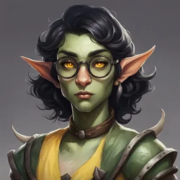 dnd, portrait of cute orc-elf hybrid femboy, black hair, short hair curled hair, hair covering one eye, round glasses, tusks, yellow eyes, flat chest, mage