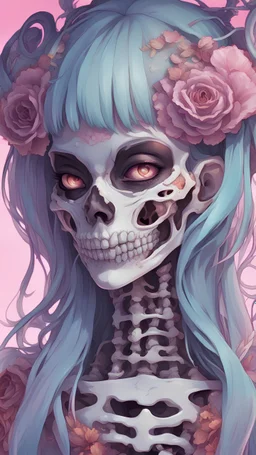 a close up of a person with a skull on their head, anime skull portrait woman, scary detailed art in color, hiroyuki-mitsume takahashi, nychos art aesthetic, half woman half skeleton, anime cyberpunk art, colored manga art, rossdraws pastel vibrant, cold colors. insanely detailed, beautiful anime portrait, stunning anime face portrait, scary art in color