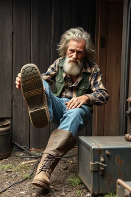 a sarcastic Highly stylized, group 64k Ultra High resolution photography featuring a A grey-stained, rusty computer backyard enthusiastic daredevil elderly skinny Tennessee hill billy farmer with No regrets, Skinned knees, wild hair, kicking someone out the door, using his big boot to a head