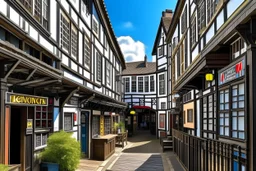 Old English Tudor Alley with shops, signs, bridges, and balconies, sunny day, warped and grubby