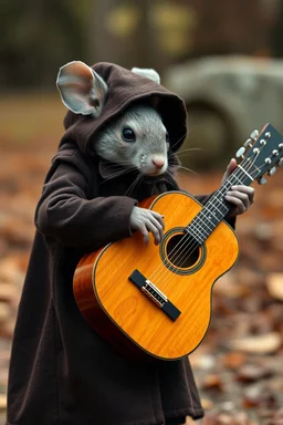 A mouse warring a fblack coat dressed brown coat, playing the acoustic guitar