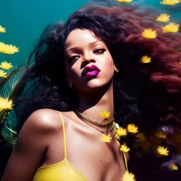 Rihanna as Tiana underwater with yellow flowers for hair, closed eyes, rtx, reflection, 8k, glow, winning photography, caustics