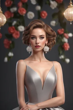 full body woman, from Russian Federation , elegant dress, elegant curled hair , 19 years old ,earring, nice make up,8k, Candid avant garde portrait, charming woman, wearing Lovely Flower Diamond Pendant, octane render 3d, plastic material