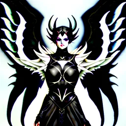 angel, demon, angel demon hybrid, half angel, half demon, black angel wings, white demon wings, black and white, balance, horns, armor, noble clothes, black and white armor, black and white clothes