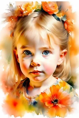 watercolor painting of a beautiful portrait of a 5 year old girl realistic skin texture, flower in her hair, looking into the camera, Anna Razumovskaya style, atmospheric light, realistic colors