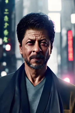 portrait of Shahrukh khan in Tokyo , night , city lights , realistic skin texture, cinematic, 75mm