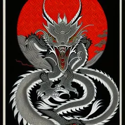 Ukiyo-e styled art, black and white dragon, full picture