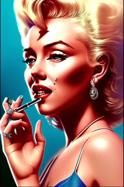 Marilyn Monroe, smokes a cigarette, cyberpunk2077, photorealistic illustration, 4k