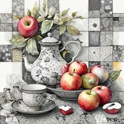 Watercolour and ink patchwork in the style of Jamie Heiden, Walter Crane, Yayoi Kusama, Ivan Shiskin, John Atkinson Grimshaw: zentangle cute whimsical watercolor Still life with apples on a porcelain plate and a teapot crisp quality, ultra detailed, elegant, fantastical, surreal, watercolor and pen, beautiful high definition fine 3D line art, white and grey and red dreamy colours, extremely detailed, intricate, elaborate, HDR, award winning, expressionism, fantastic view, ethereal, fantasy, unsi