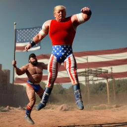 Realistic image of Donald trump wrestler, jump, Mexican wrestling style, eye line, red and blue breeches, glow us flag dress, suspenders, retro style, 80s, vibrant color, highly detailed, clean background, concept art, unreal engine 5, god rays, ray tracing, RTX, lumen lighting, ultra detail, volumetric lighting, 3d, finely drawn, high definition, high resolution.