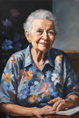 Oil paint on canvas, chiaroscuro, deep shadows, masterpiece, happy, 2020 caught off guard, 79-year-old Phyllis Kendall, short buzz-cut salt and pepper gray hair, overweight, blue eyes, wearing a black, floral print, short-sleeved, pull-over shirt, dark blue sweatpants, sitting at the computer checking her emails