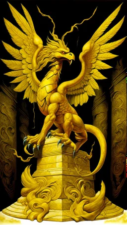 A golden yellow lightning elemental griffin designed in Mayan architecture painted by Max Ernst