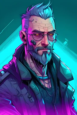 man, 40 years old, in anime style with cyberpunk vibes