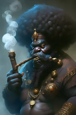 A fantasy black dwarf with an Afro smoking a cigar