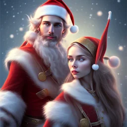 two elves. woman and man. Christmas scene. photorealistic. low-key