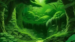 A green forest designed in cave paintings painted by Frank Wilson