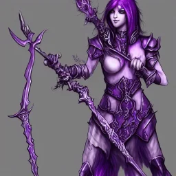 one female necromancer purple armor purple hair holding a staff