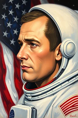 an expressive painting of American on the moon Apollo 11 side view face with the American flag in the background, might see a companion with features of absolute strength and determination, blended with warmth and deep faith. Perhaps his head expresses wisdom and courage, with eyes radiating confidence and faith.