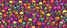 a field of 1000s of cartoonish, anatomically correct, skulls, vivid RANDOM BRIGHT neon colors, dark comedy, well lit, high detail, photorealistic, horrorcore, fun, scary, dead